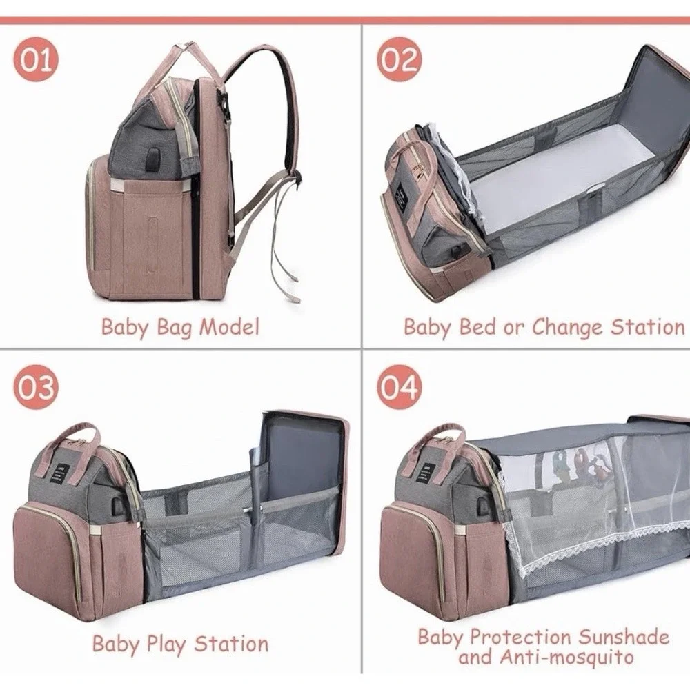 Land Large Gray Pink Diaper Backpack with Changing Pad and Adjustable Strap